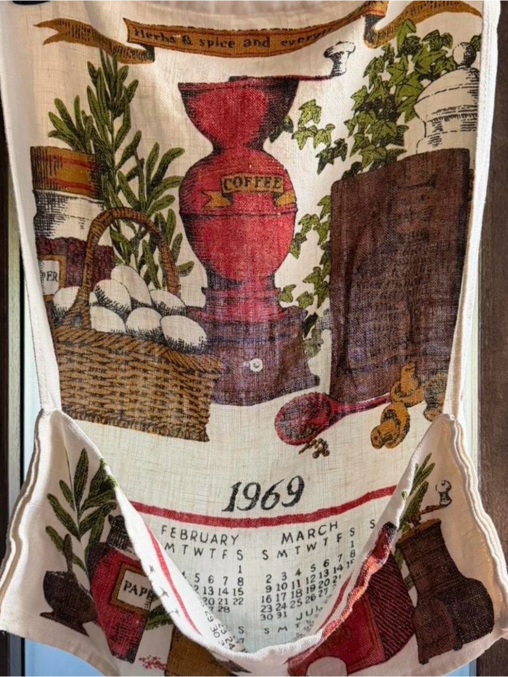 Cottage core American Vintage-Style Kitchen Towel Calendar in Cream and Red